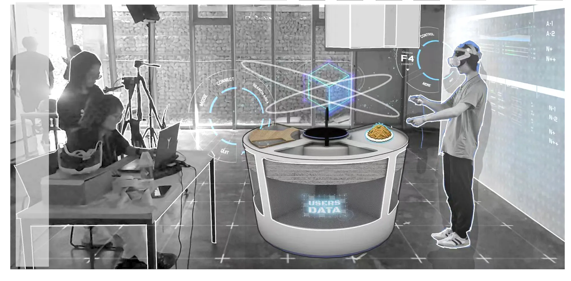 Mixed-reality composite of the round kitchen, a visitor and the space responding; it is not a photograph of a built kitchen