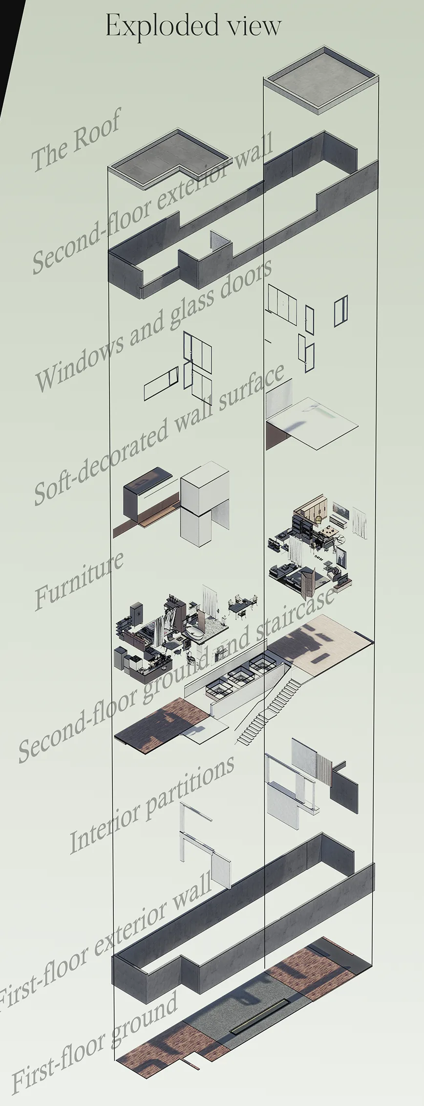 Exploded view, from the ground floor to the roof
