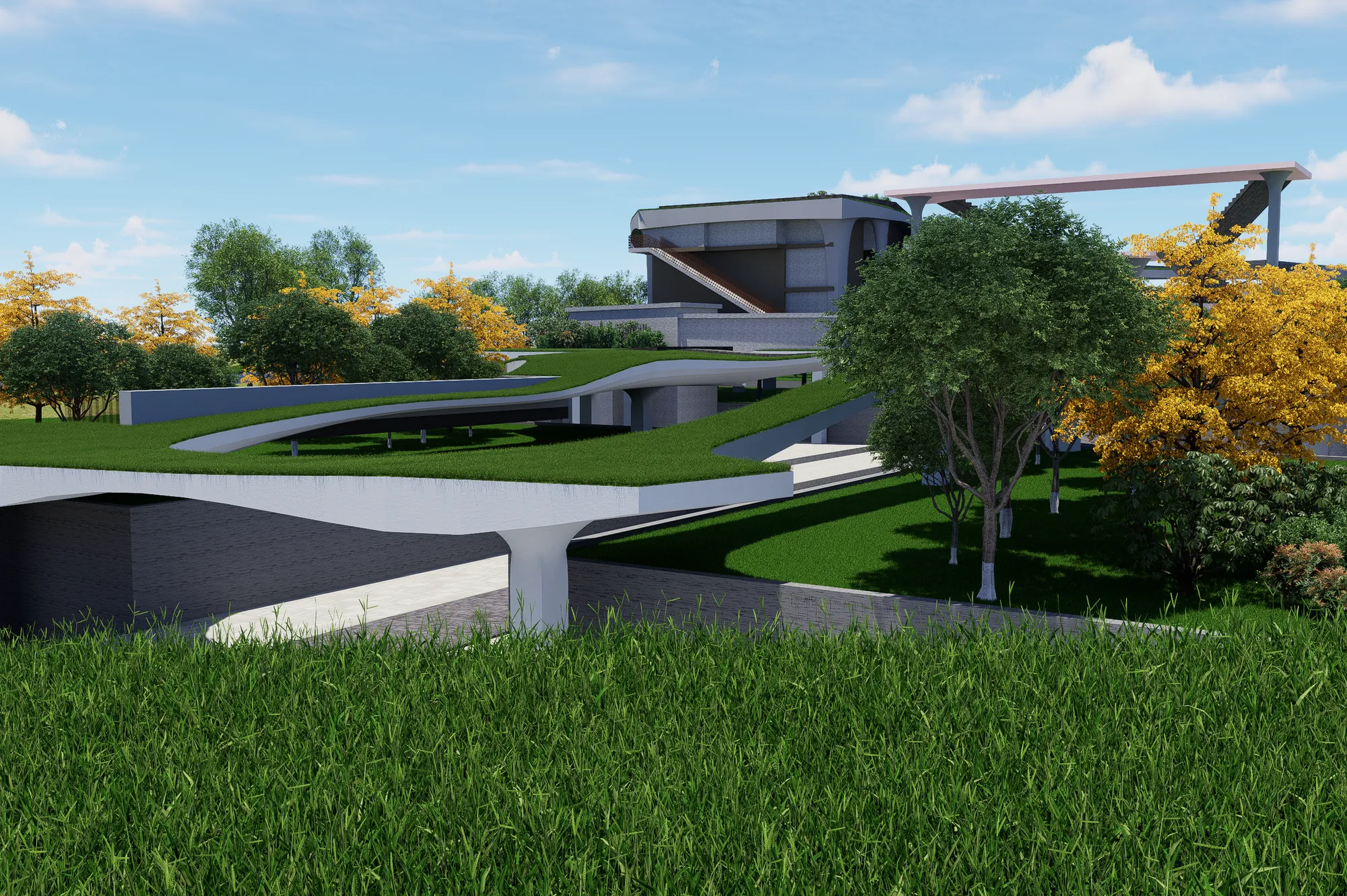 Earth-covered ramps, the raised level, buildings and green space as one landform