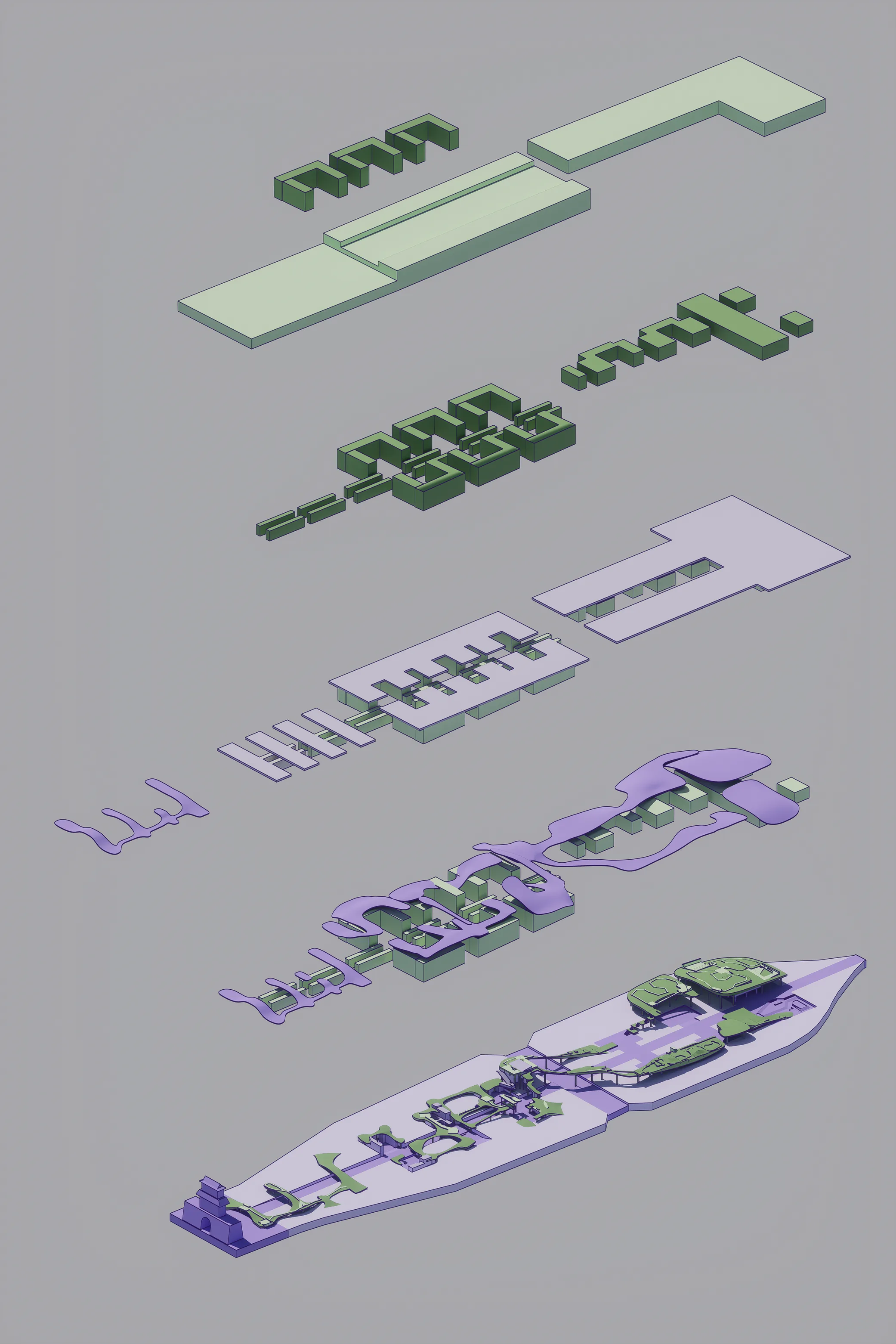 Form generation in five layers, from programme blocks to a continuous roof and walkway