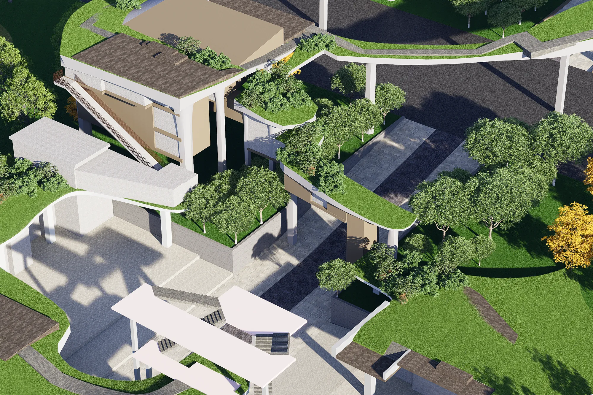 From above: elevated walkway, planted roofs and courtyard