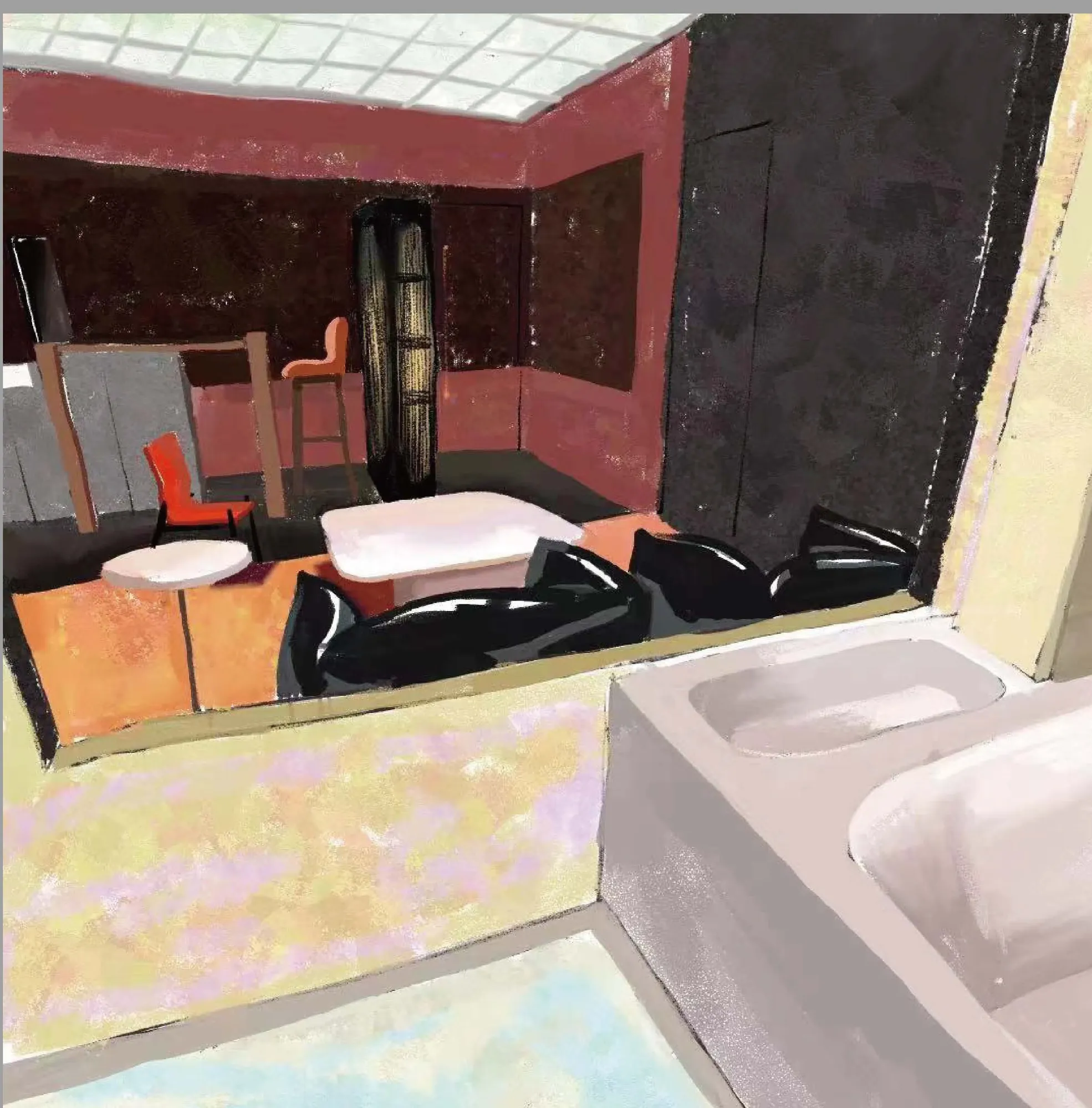 Looking out through the bathroom window, with the contrast of colour and material and the relation between the spaces