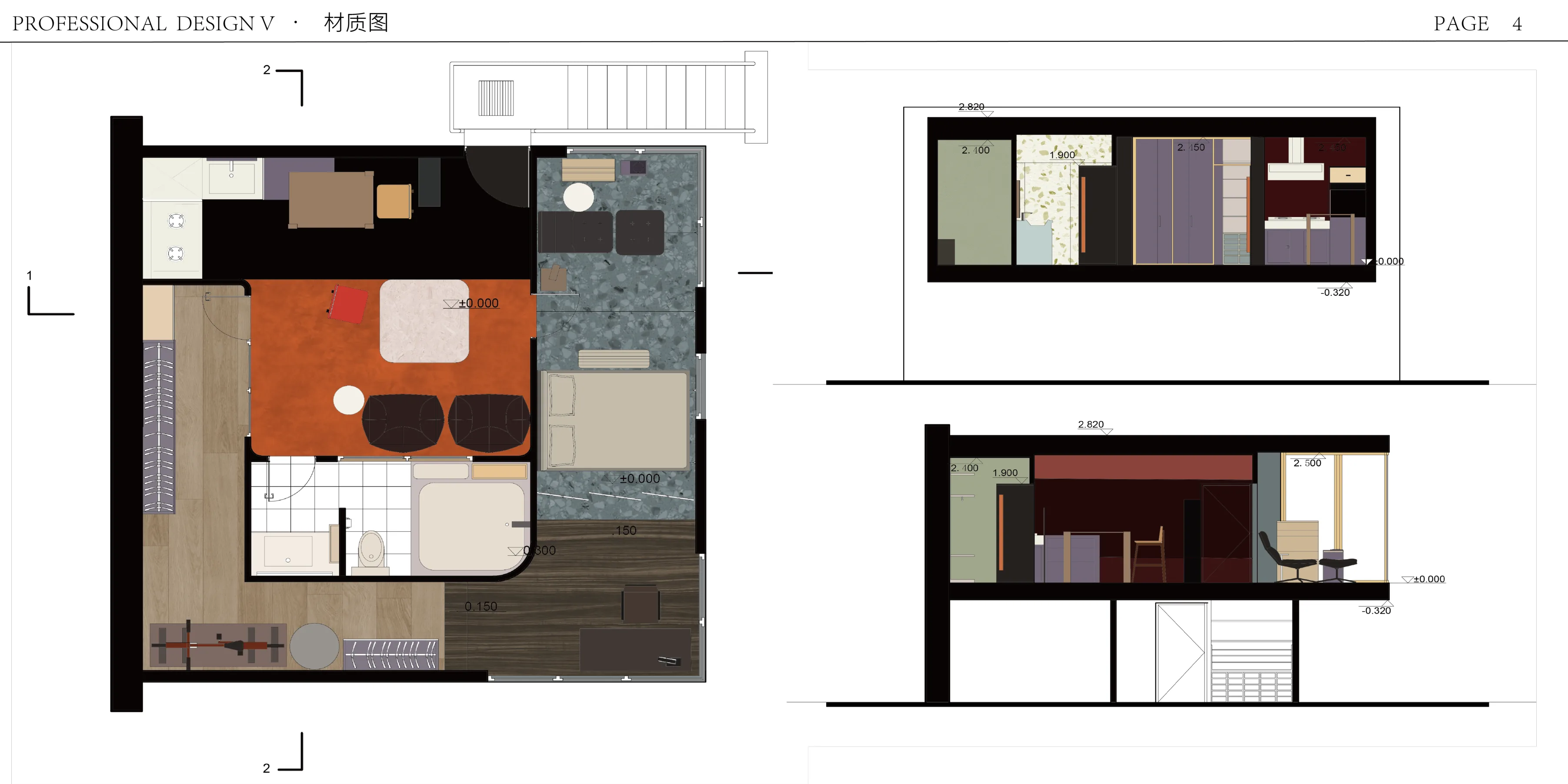 Plan and sections in colour and material