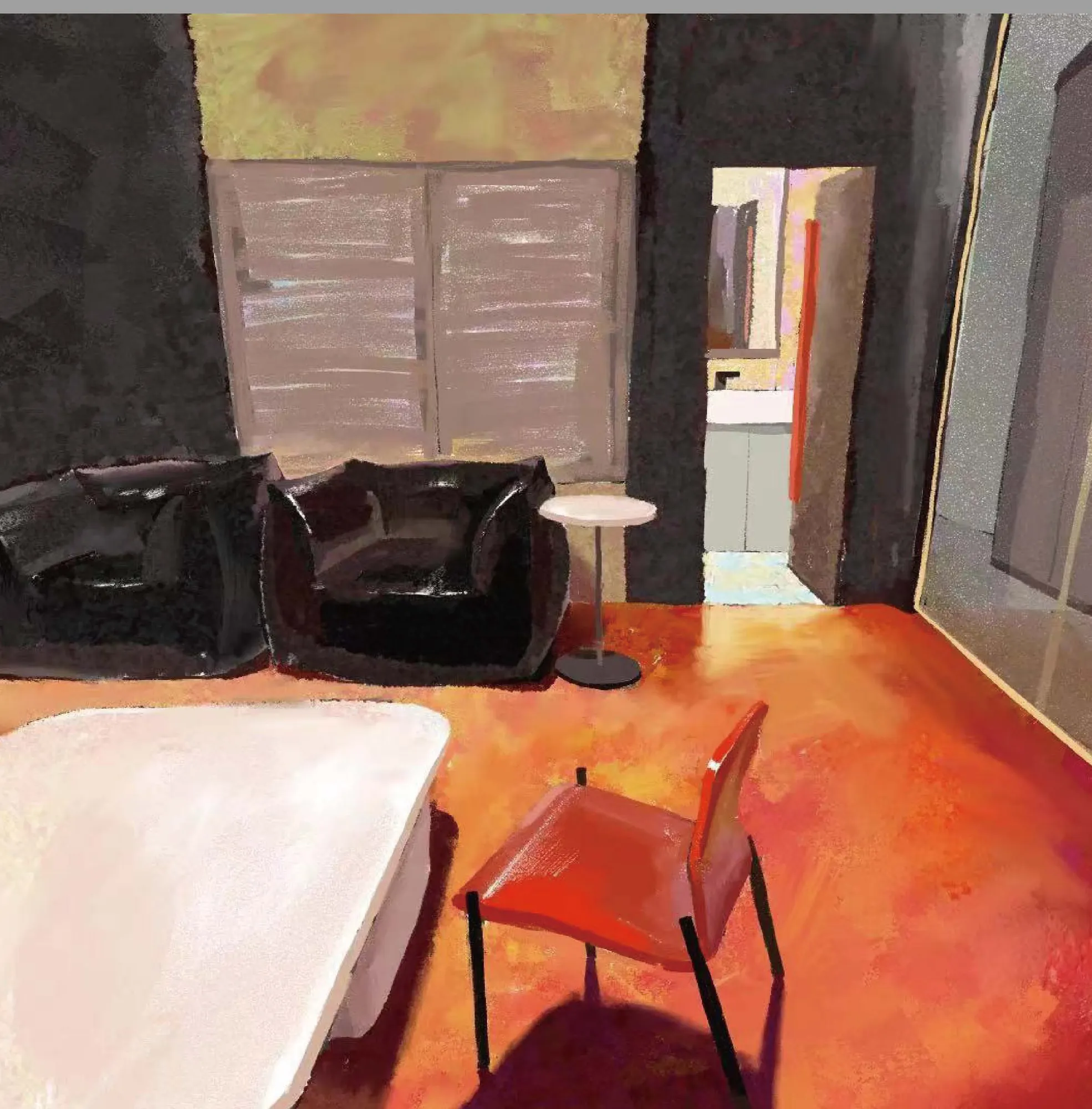 A view from the reception room, facing the bathroom as it is in daily use