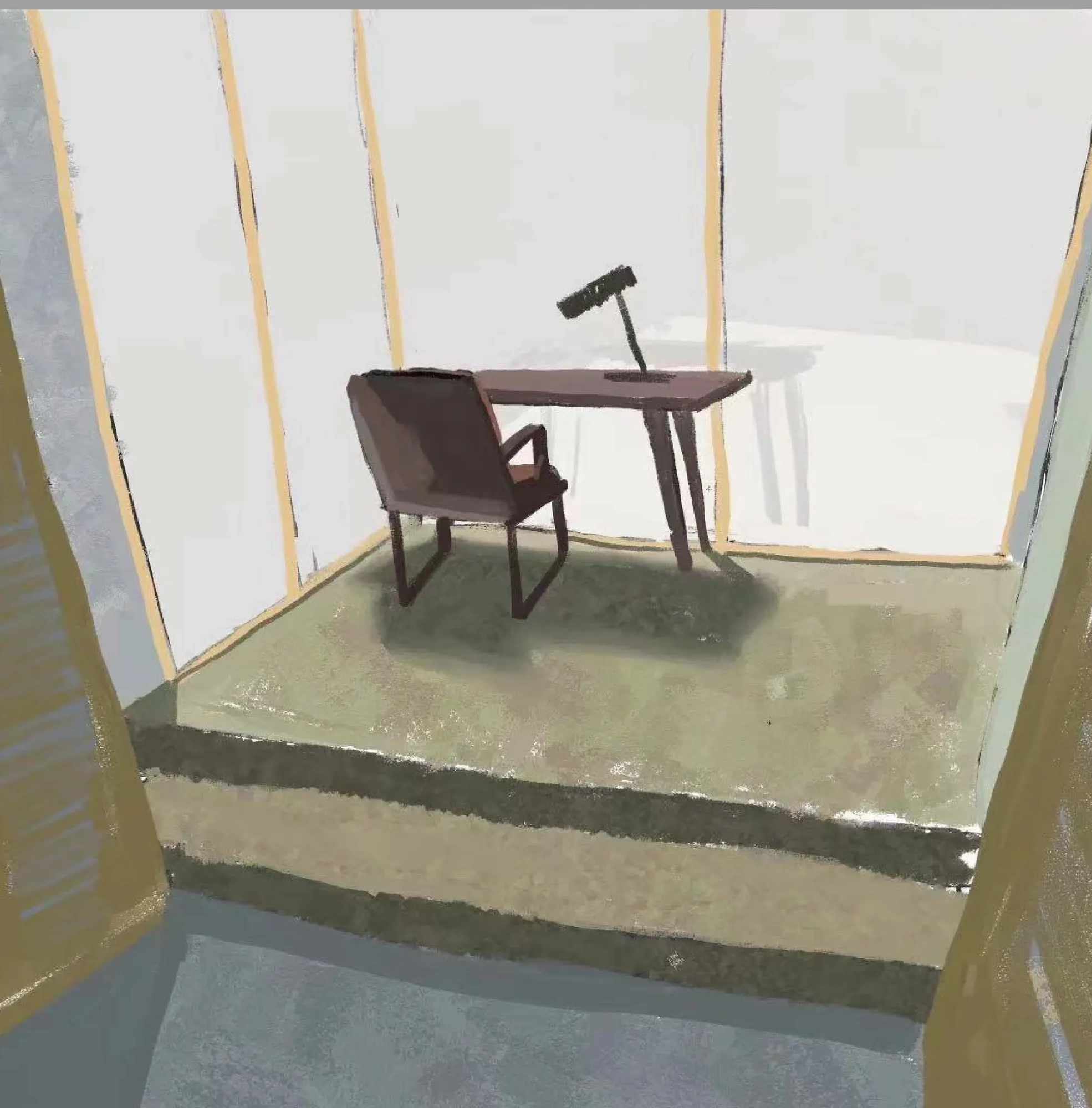 From the desk in the private space, at the bamboo-slat door between bed and desk; the full-height window in front of the desk looks straight out. Although private, it is closer to the outdoors and nature