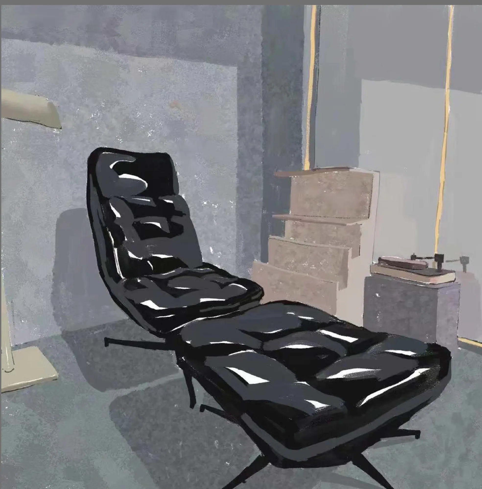 In the private space where the owner collects and enjoys music, facing a leather lounge chair. This is the most private corner, and the closest to nature